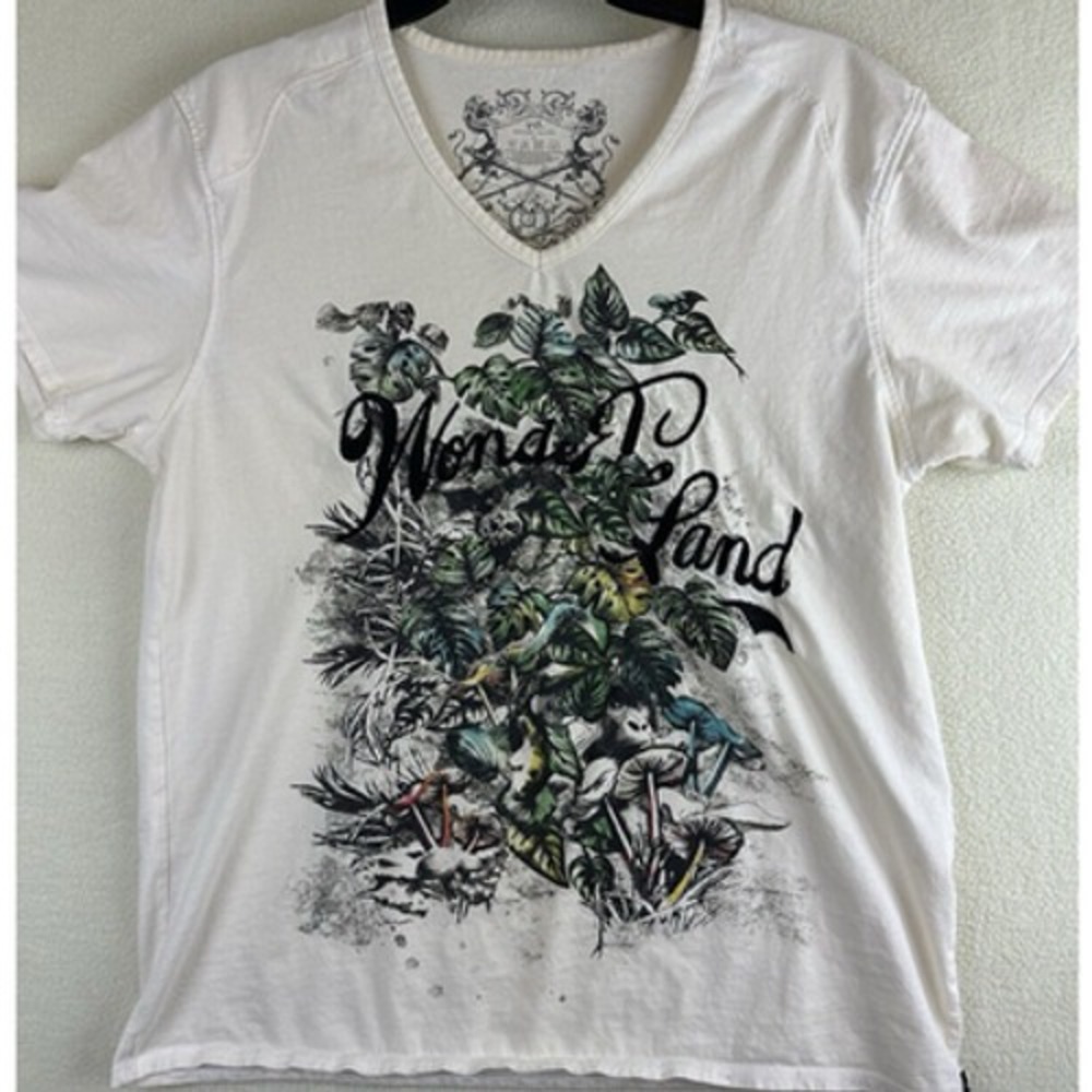 YD T-Shirt Unisex Size L White V-Neck Wonderland Allover Print Embroidered - Picture 1 of 6
